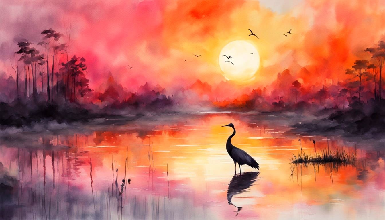Crane in Pond at Sunset, Watercolor Style