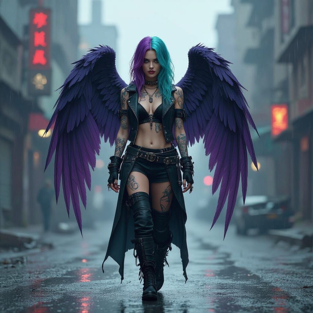 Cyberpunk Angel in Rain-Soaked Cityscape