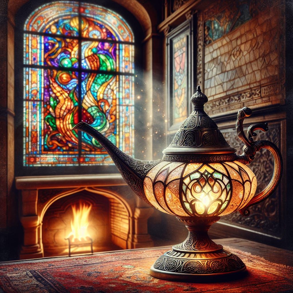Vintage Scene with Magical Lamp and Stained Glass