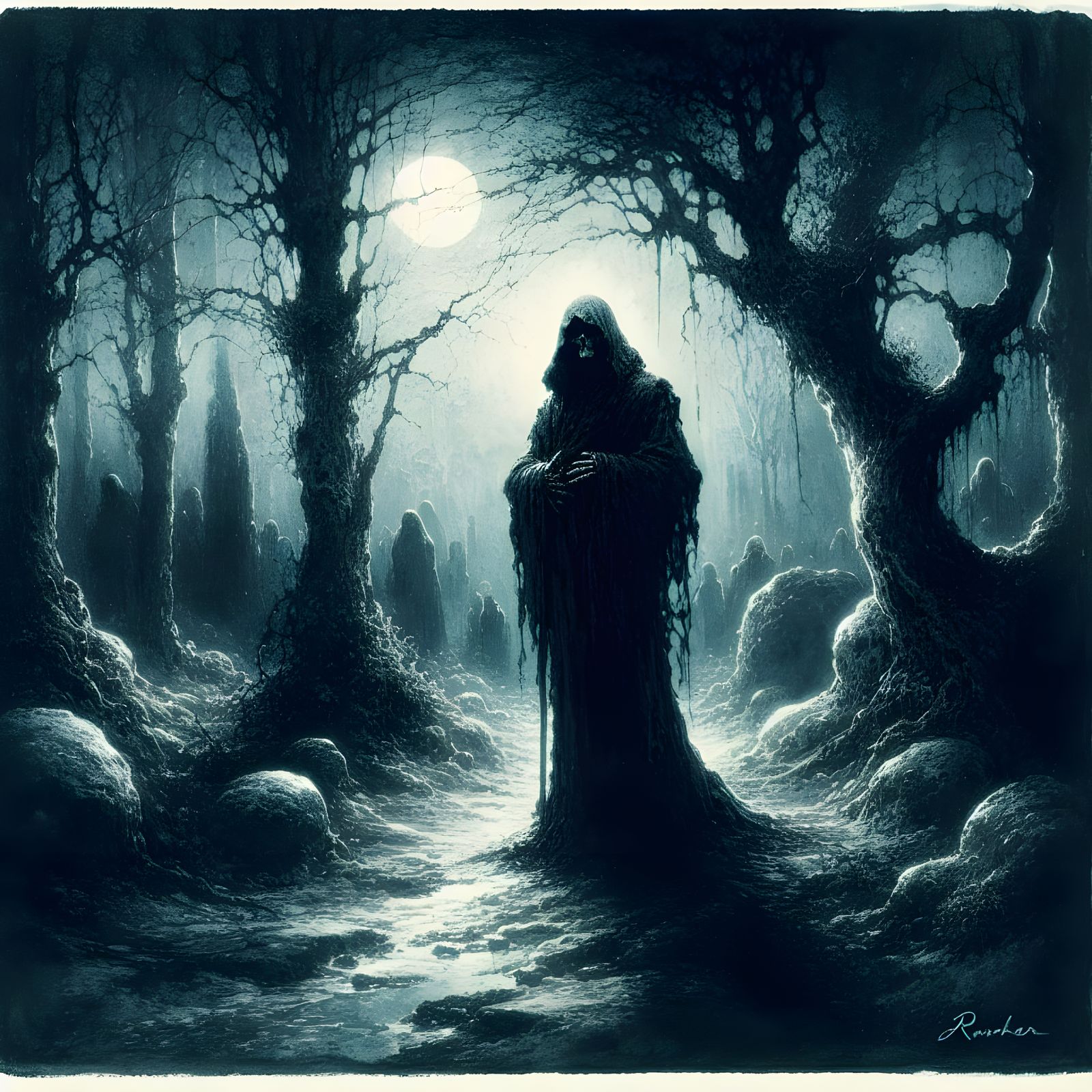 Grim Reaper in Forest, Watercolor Style
