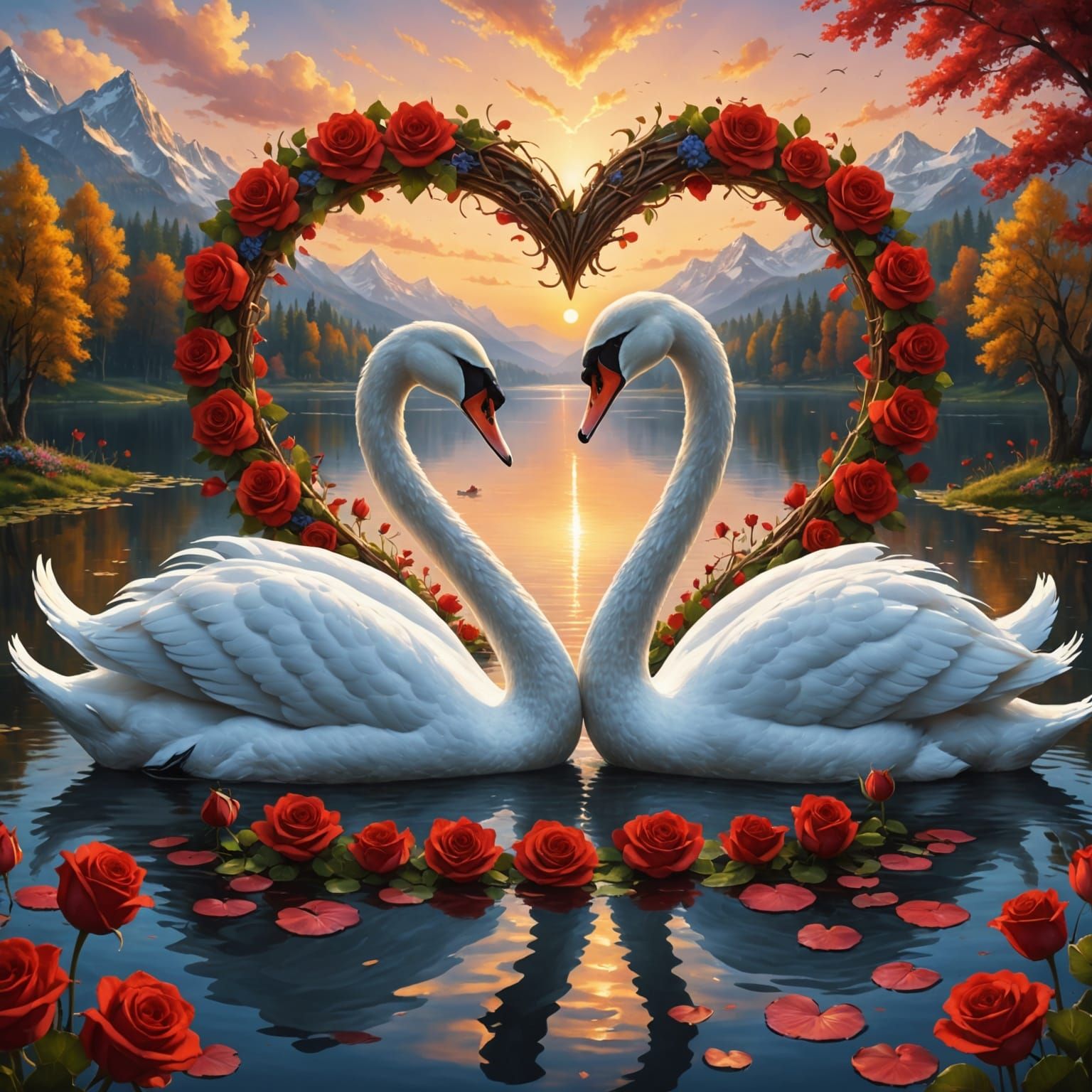 Ethereal White Swans in a Heart-Shaped Love Scene