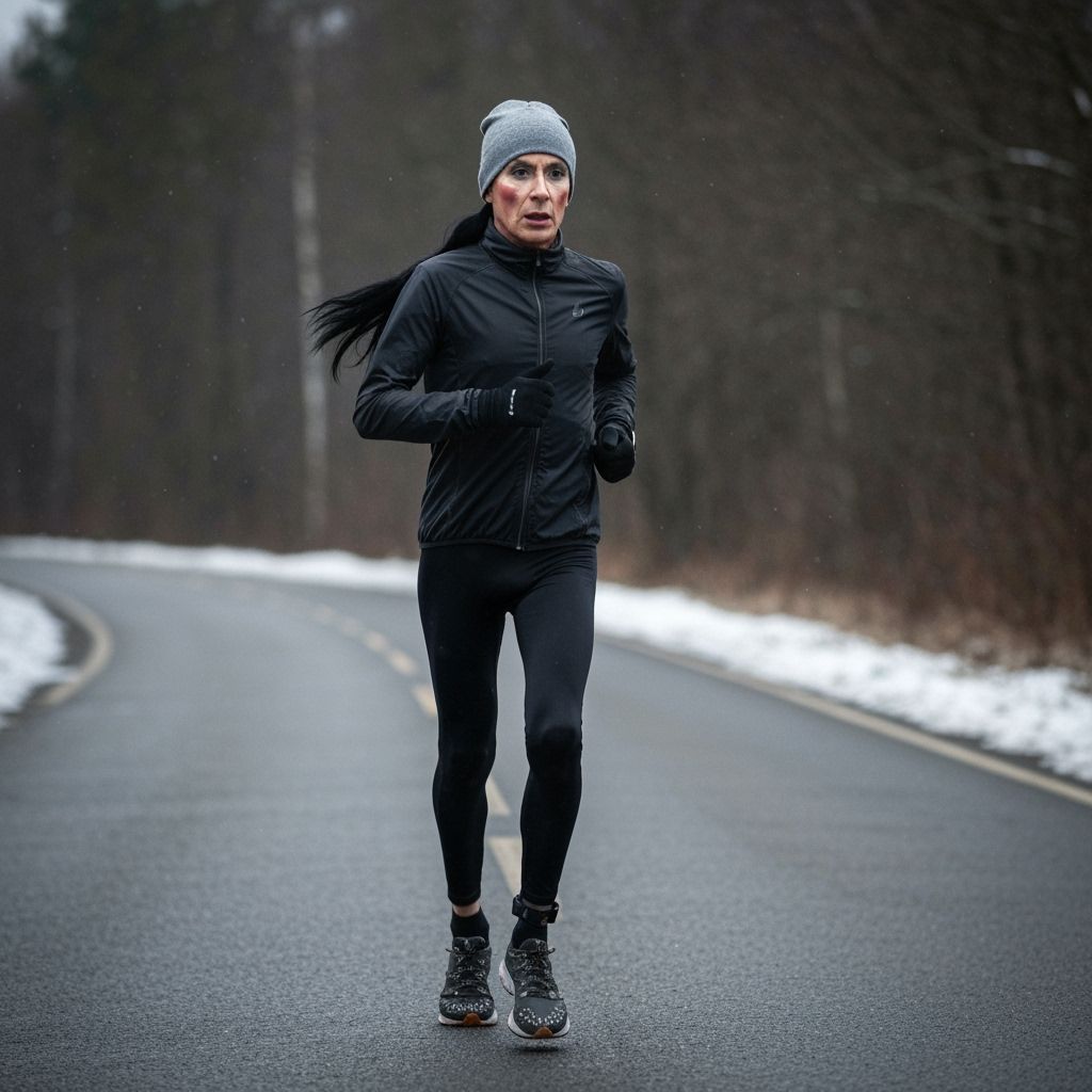 Triathlete Crossdresser Running in Early Winter Northern Eur...