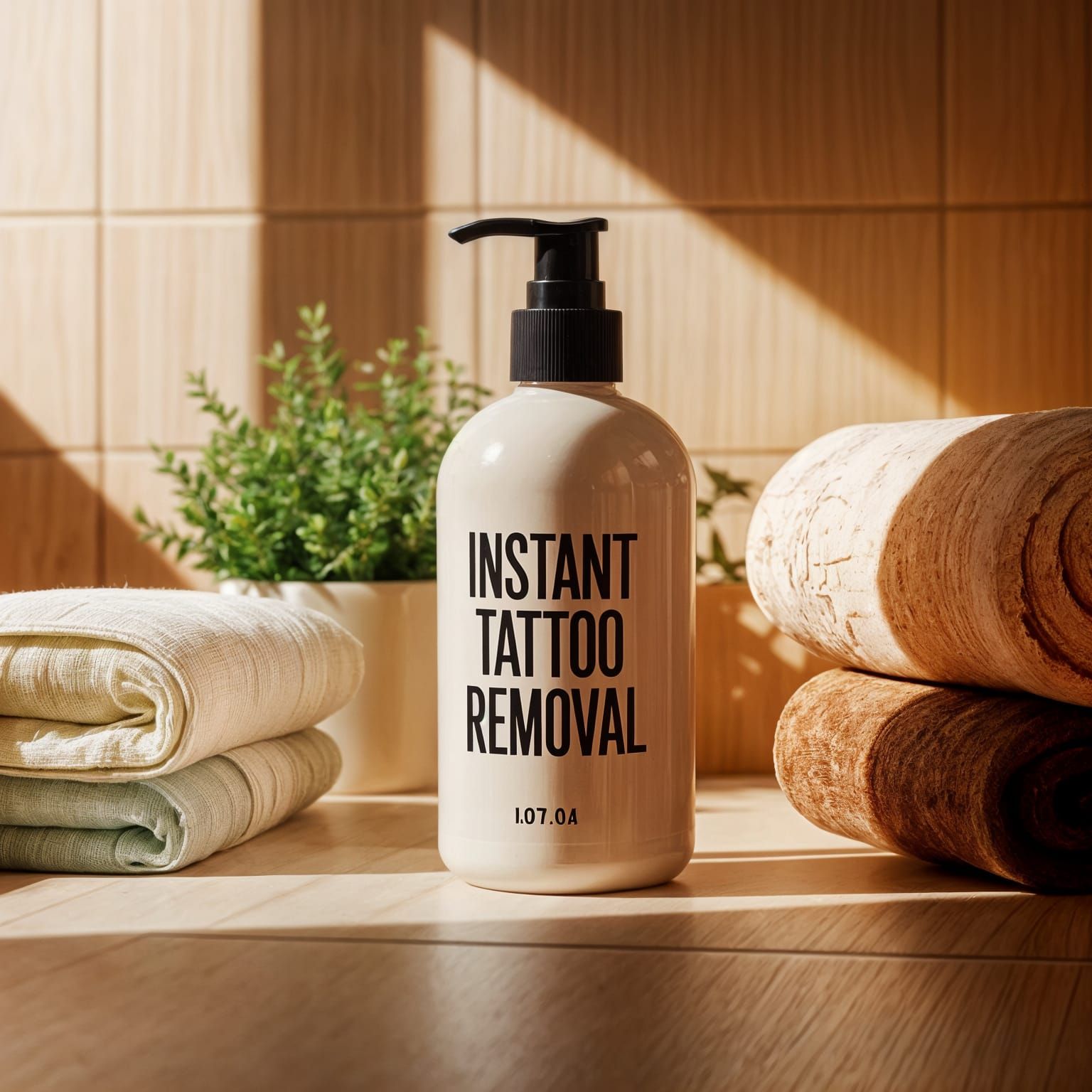 Sleek Bathroom Scene Mocks Instant Tattoo Removal with Humor