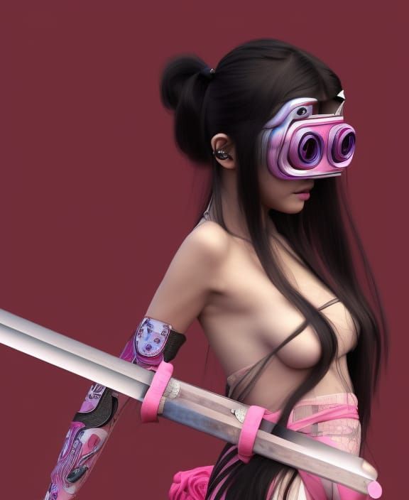 Cyberpunk Samurai Girl with Oni Mask in 3D