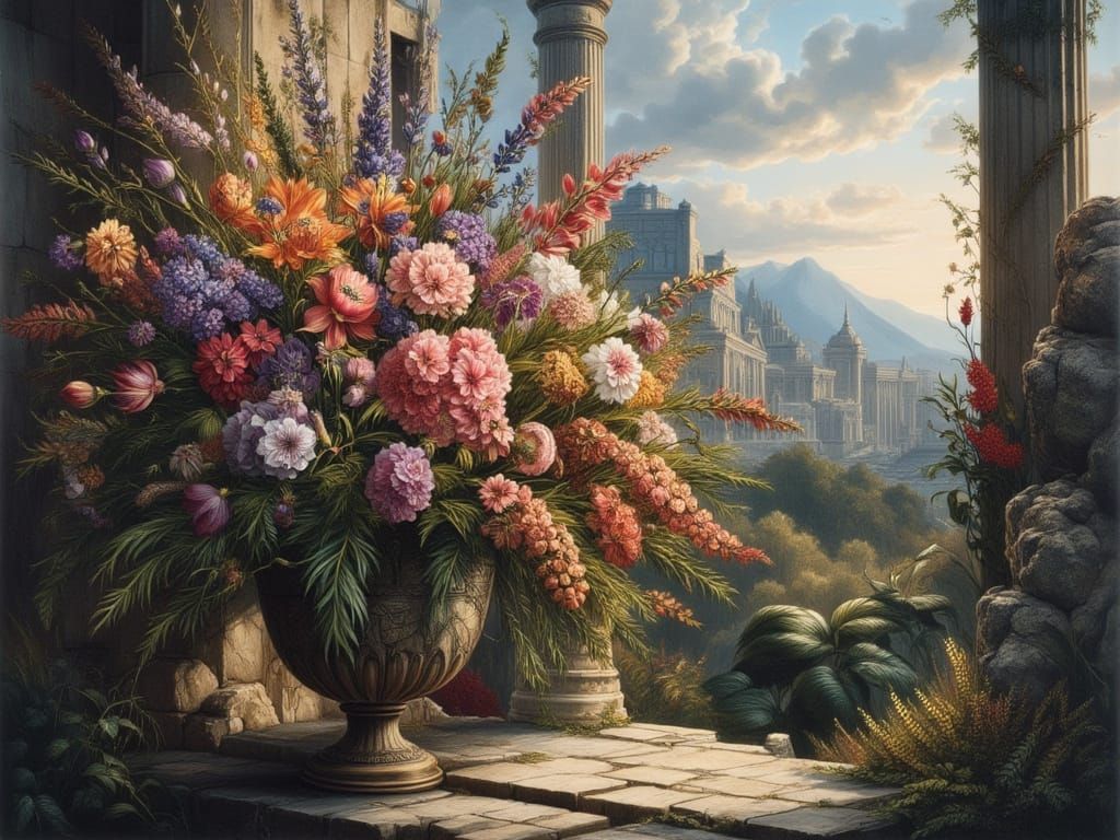 Hyperrealistic Grecian Urn with Exotic Flowers at Twilight