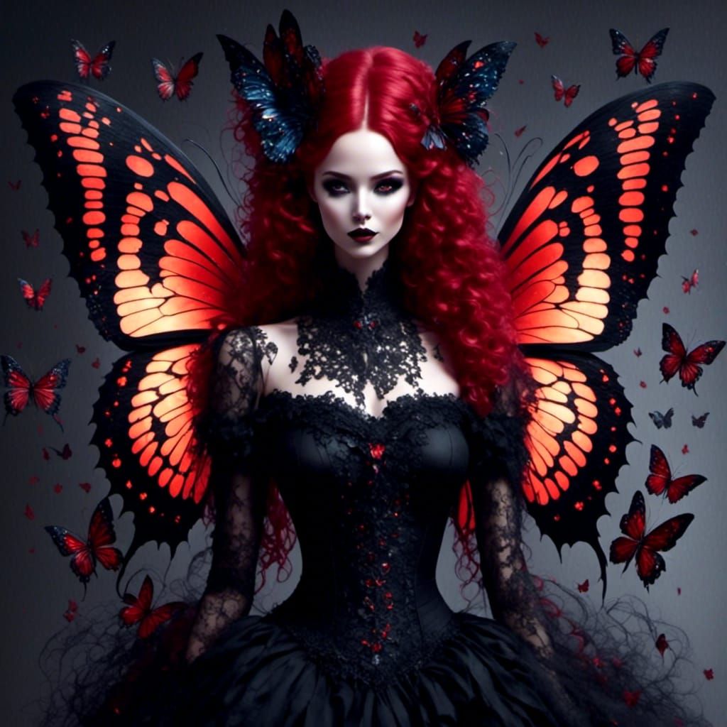 Gothic Redhead Butterfly Burlesque in Animated Style