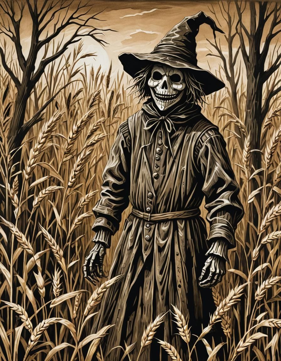 Eerie Scarecrow: A Folk Art Woodcut Horror