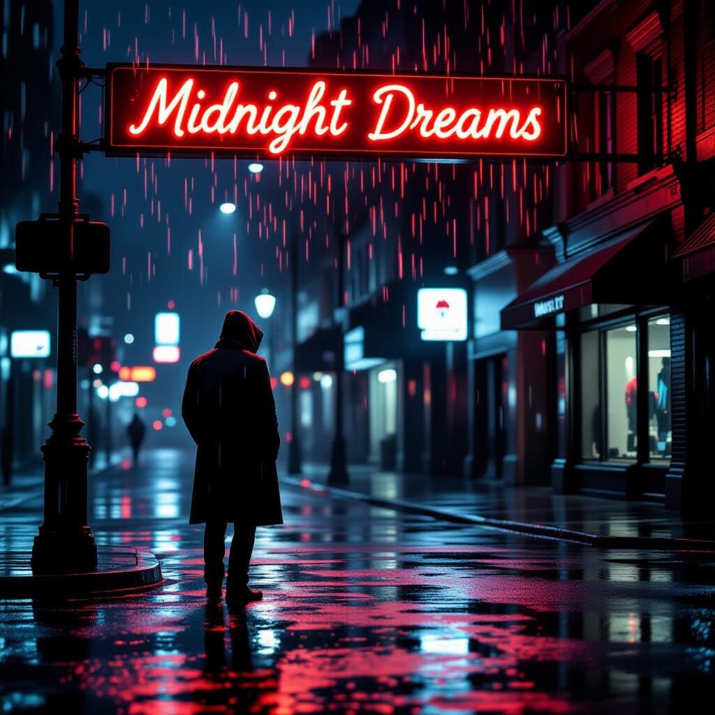Lone Figure at Neon Crossroads in Rainy Cityscape
