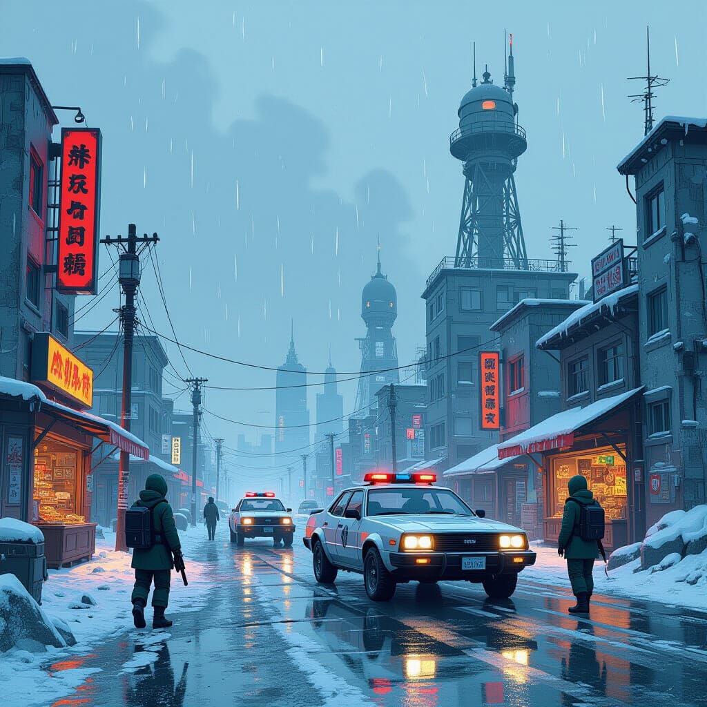 Retro Anime Post-Apocalyptic Nordic Cityscape with Sci-Fi Gu...