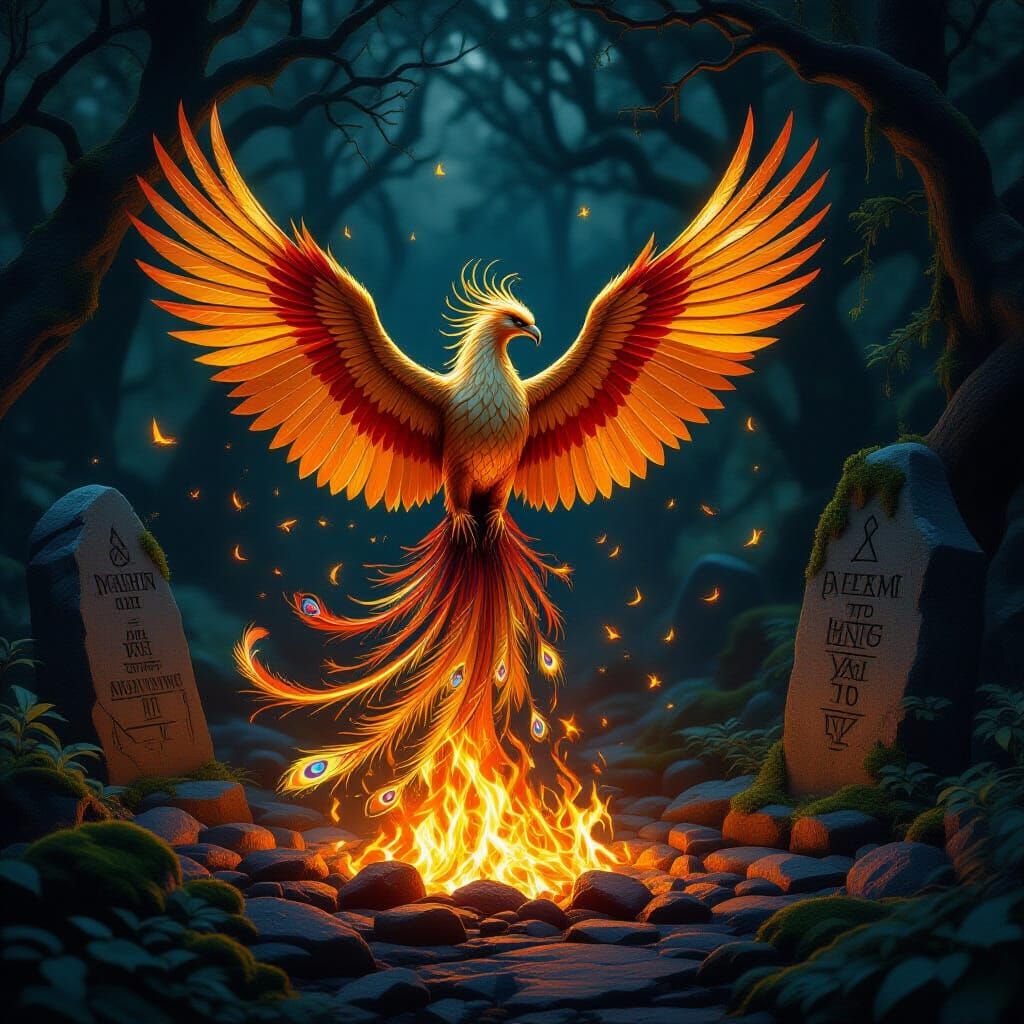 Majestic Phoenix Rises from Embers in Enchanted Forest