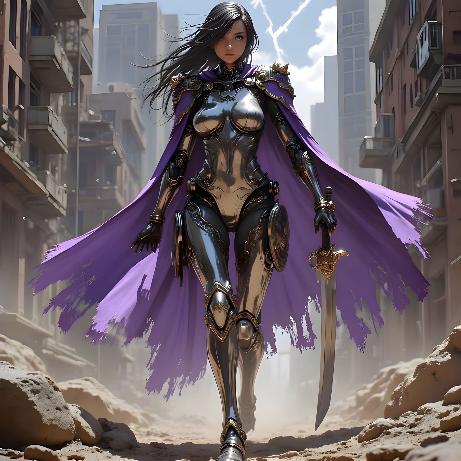 Cyberpunk Knight Running Through Stormy City