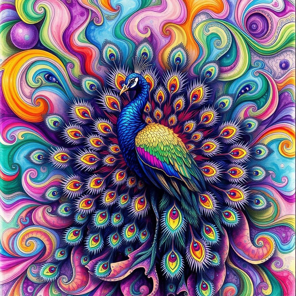 Majestic Fractal Peacock in a Psychedelic Dreamscape