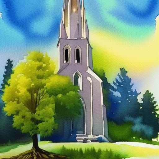Watercolor Church and Trees in Impressionistic Style