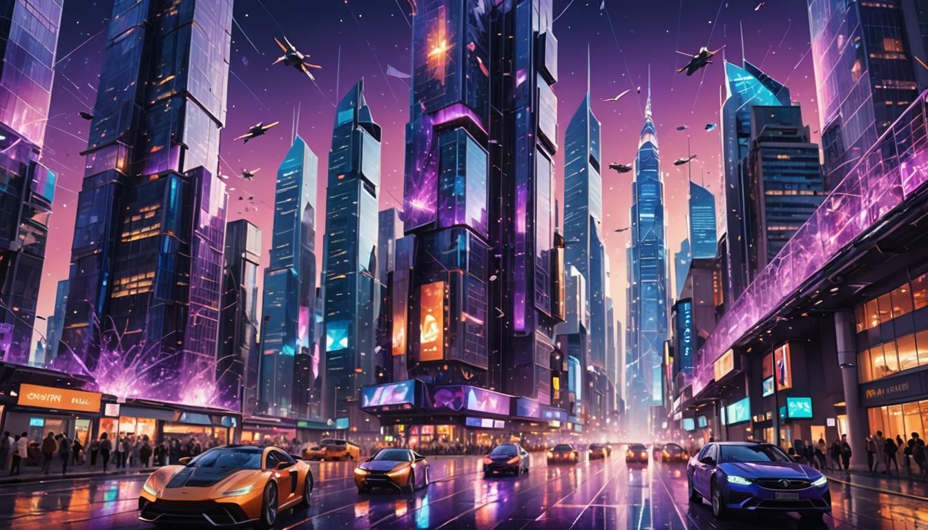 Futuristic Cityscape with Flying Vehicles in Neon Style