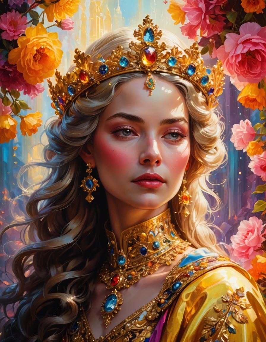 Majestic Queen in Baroque Oil Painting with Neon Colors