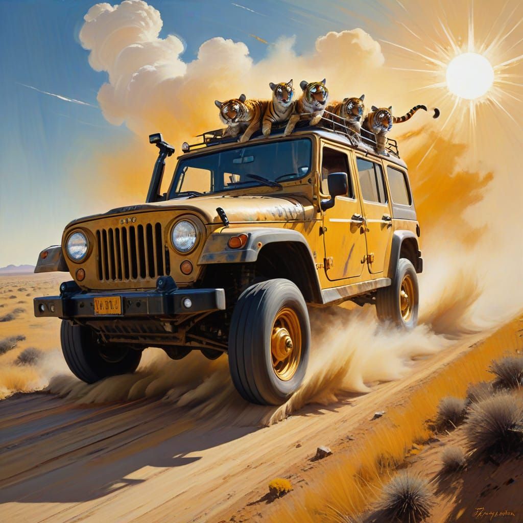 Rusty Jeep Chases Tiger Across Golden Savannah