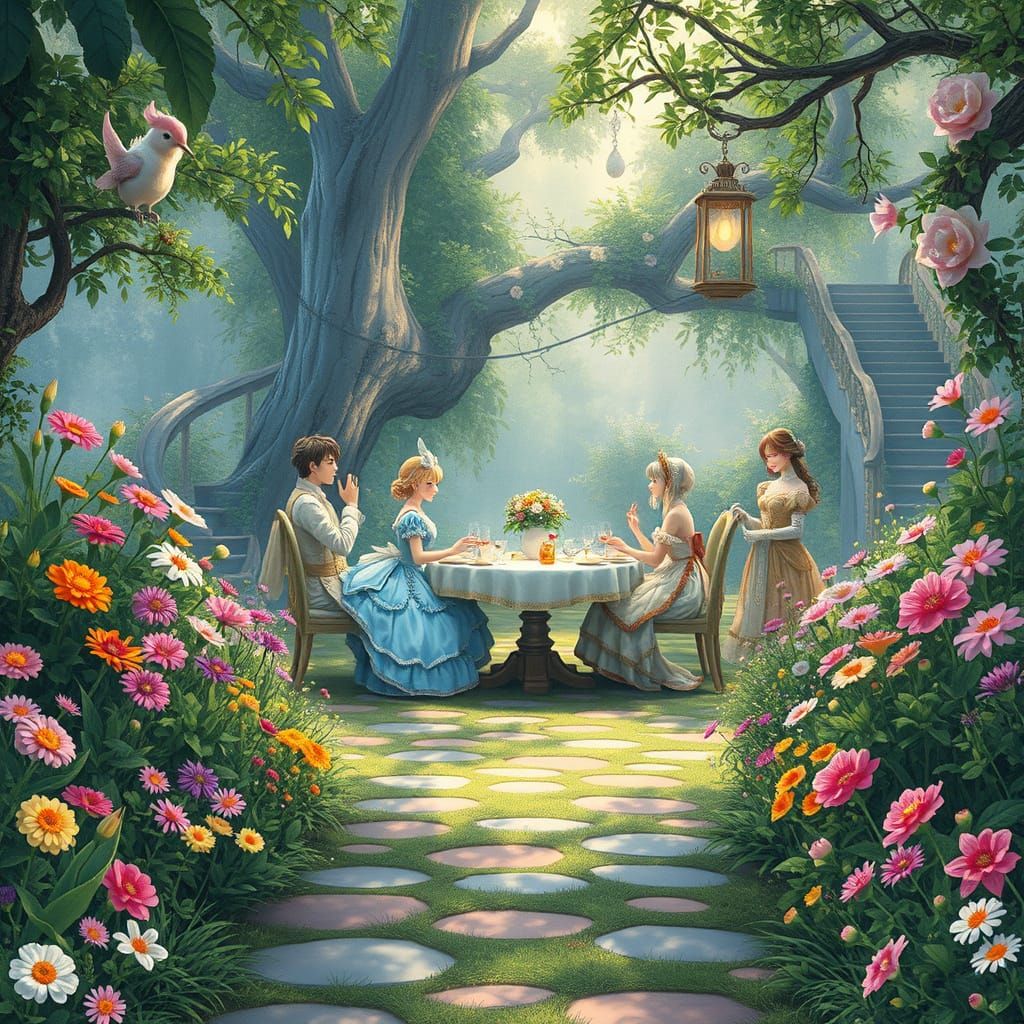 Enchanted Tea Party in Watercolor Storybook Style