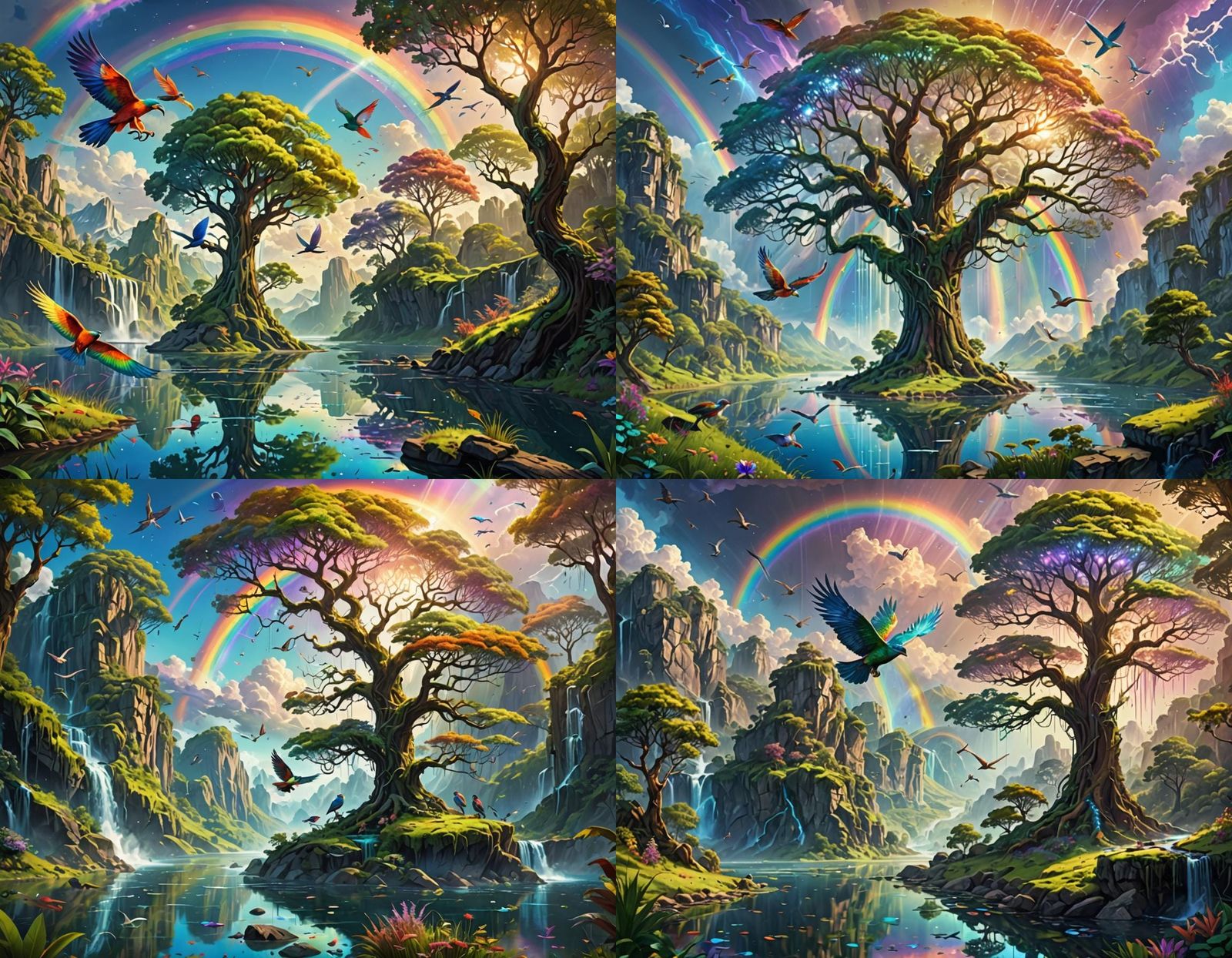 Surreal Landscape with Flying Sunhawks and Rainbow Trails
