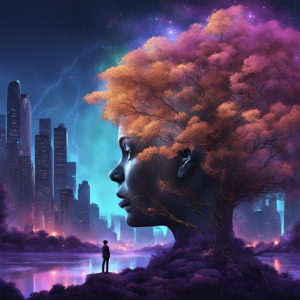 Galactic Nebula Fills Forest Cityscape Double Exposure