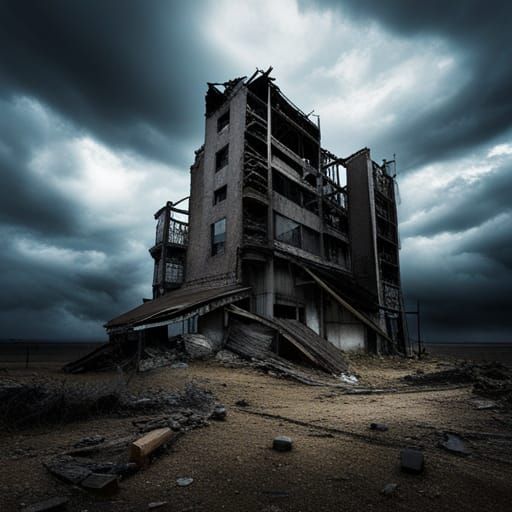 Sinister Broken Building in Dark Clouds