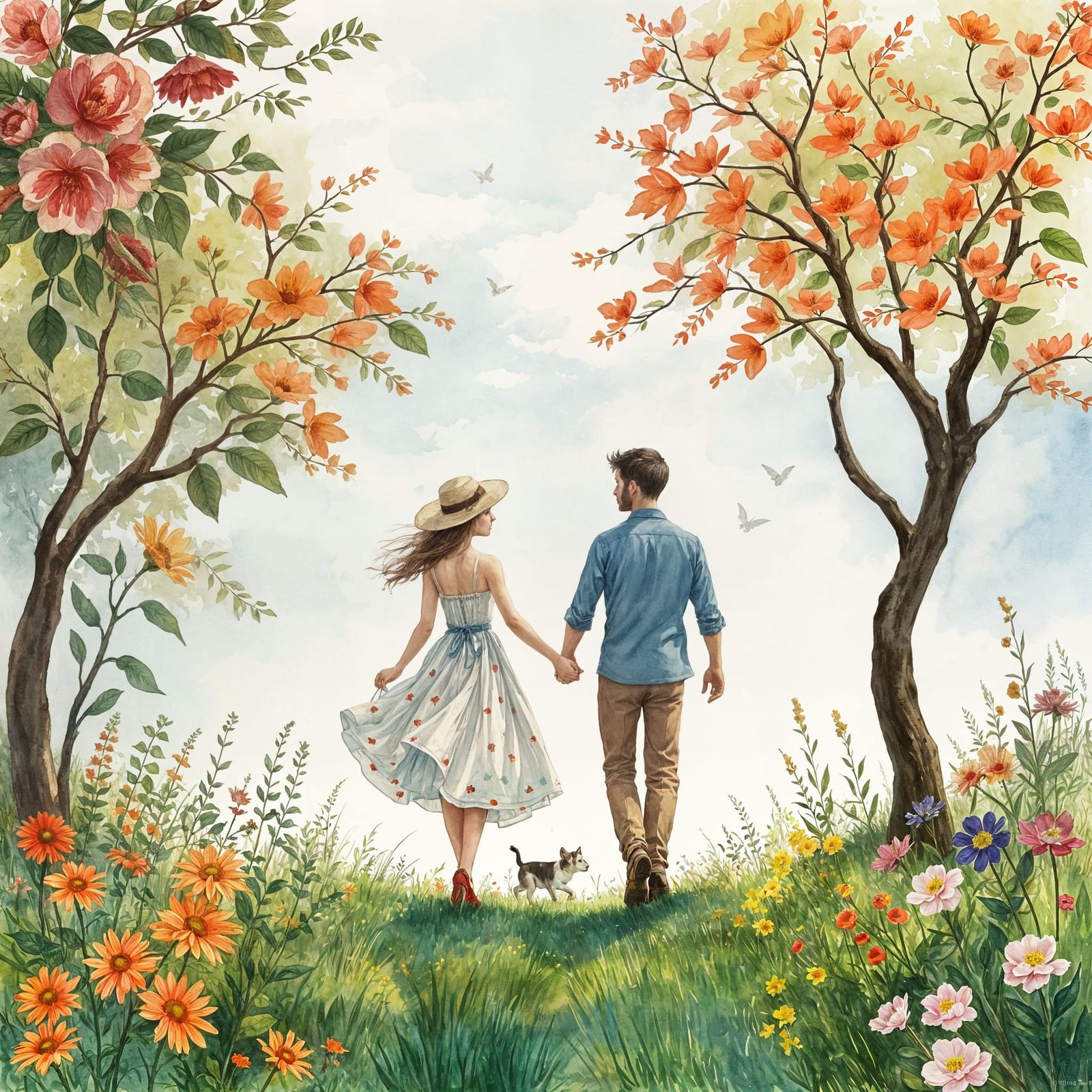 Watercolor Painting of a Couple in Wonderland