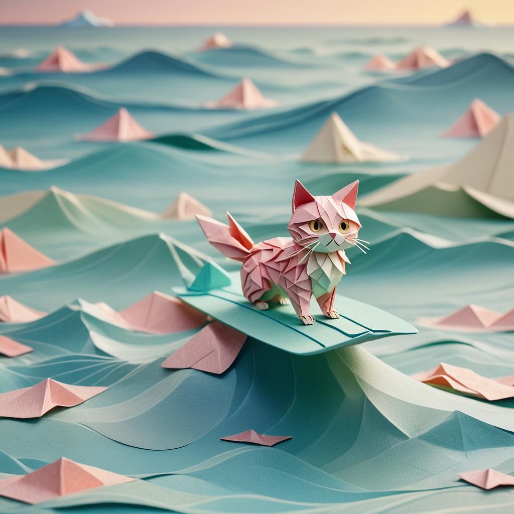 Cute Origami Cat Surfing on Ocean Waves