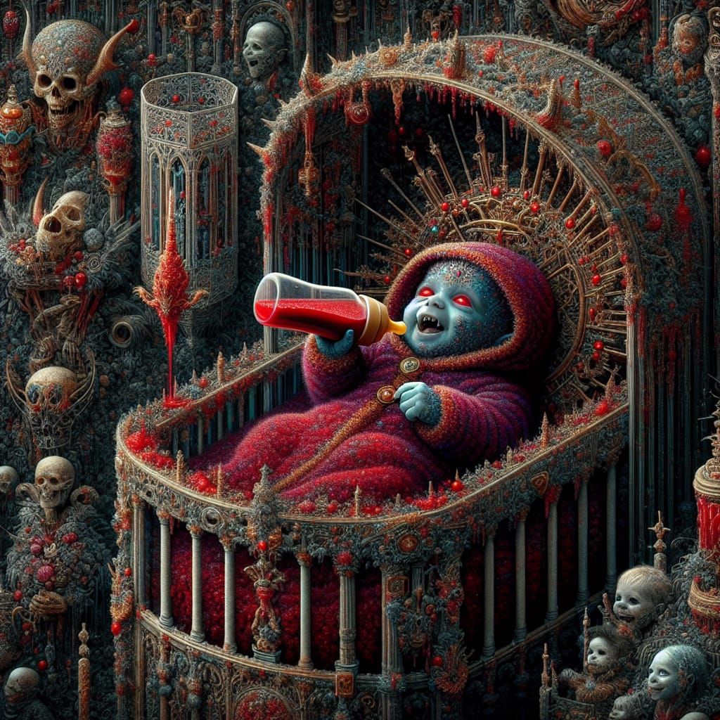 Hyperrealistic Baby Vampire Drinking Blood in Crib