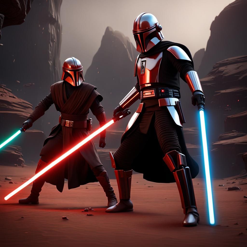 Jedi and Sith Battle with Lightsabers in 3D Render