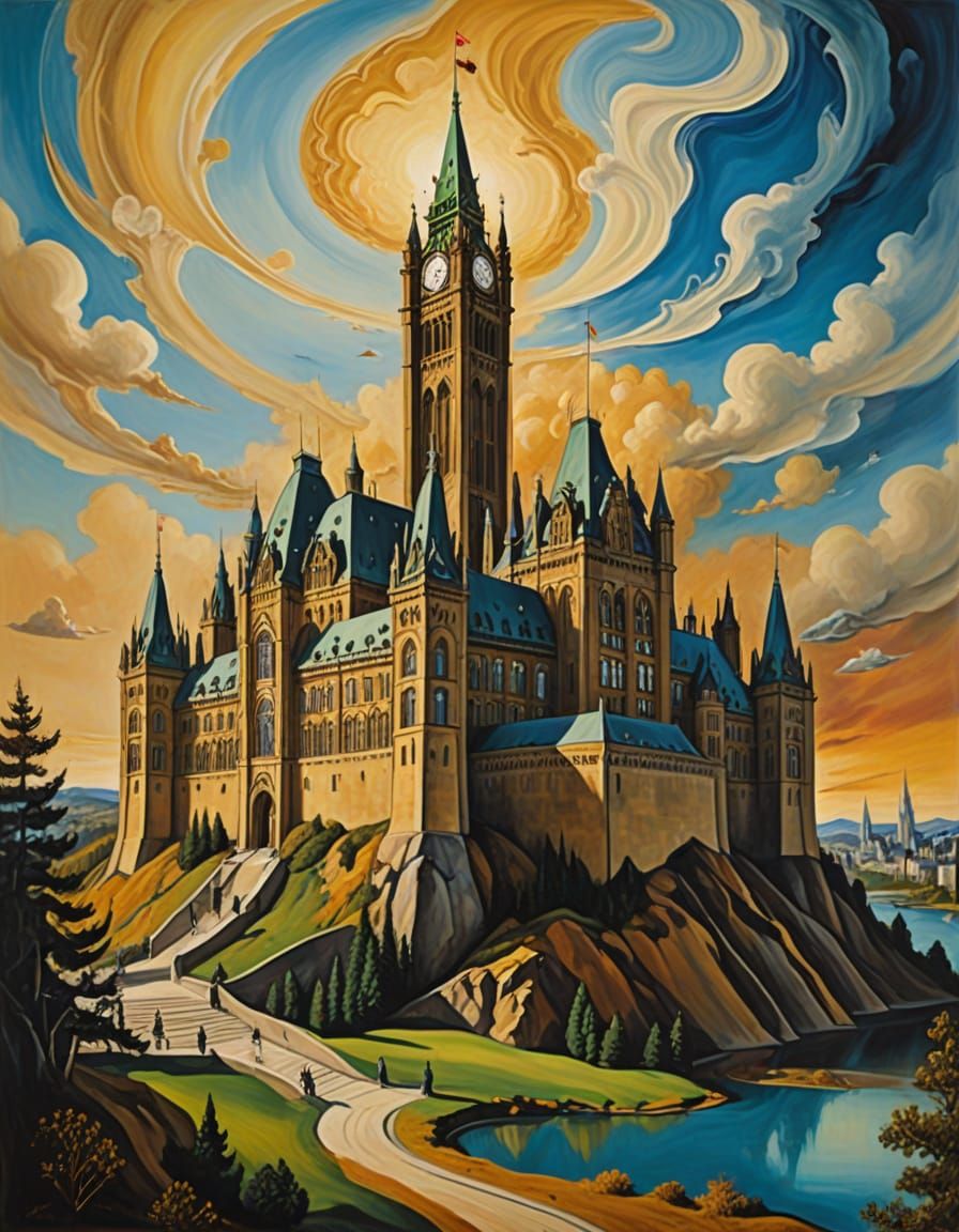 Dreamlike Canadian Parliament in a Surrealist Oil Painting