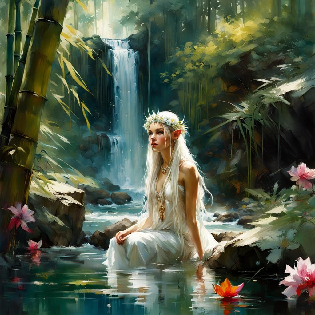 Elf Princess in Bamboo Forest Pool: Matte Painting