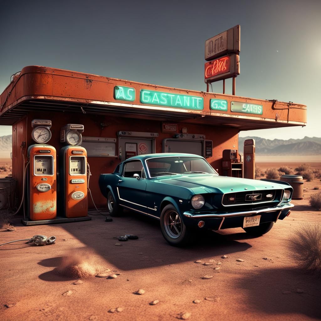 Classic 1966 Ford Mustang in Desert Gas Station