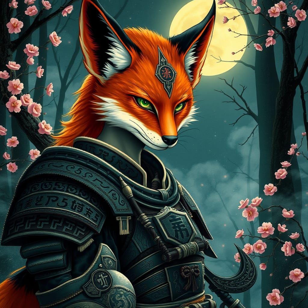 Fox Warrior in Moonlit Forest, Japanese Art Style