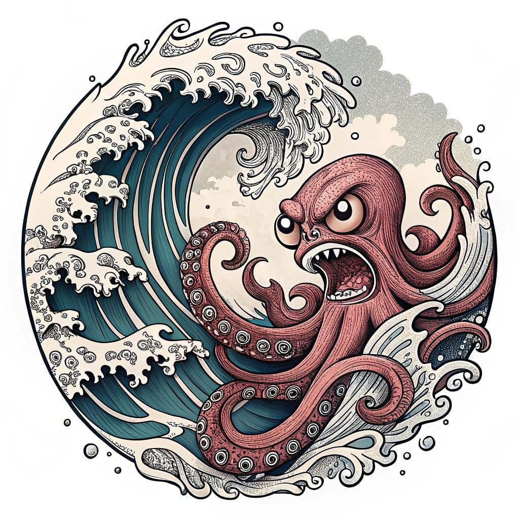 Tattoo Design of Octopus Riding Japanese Wave