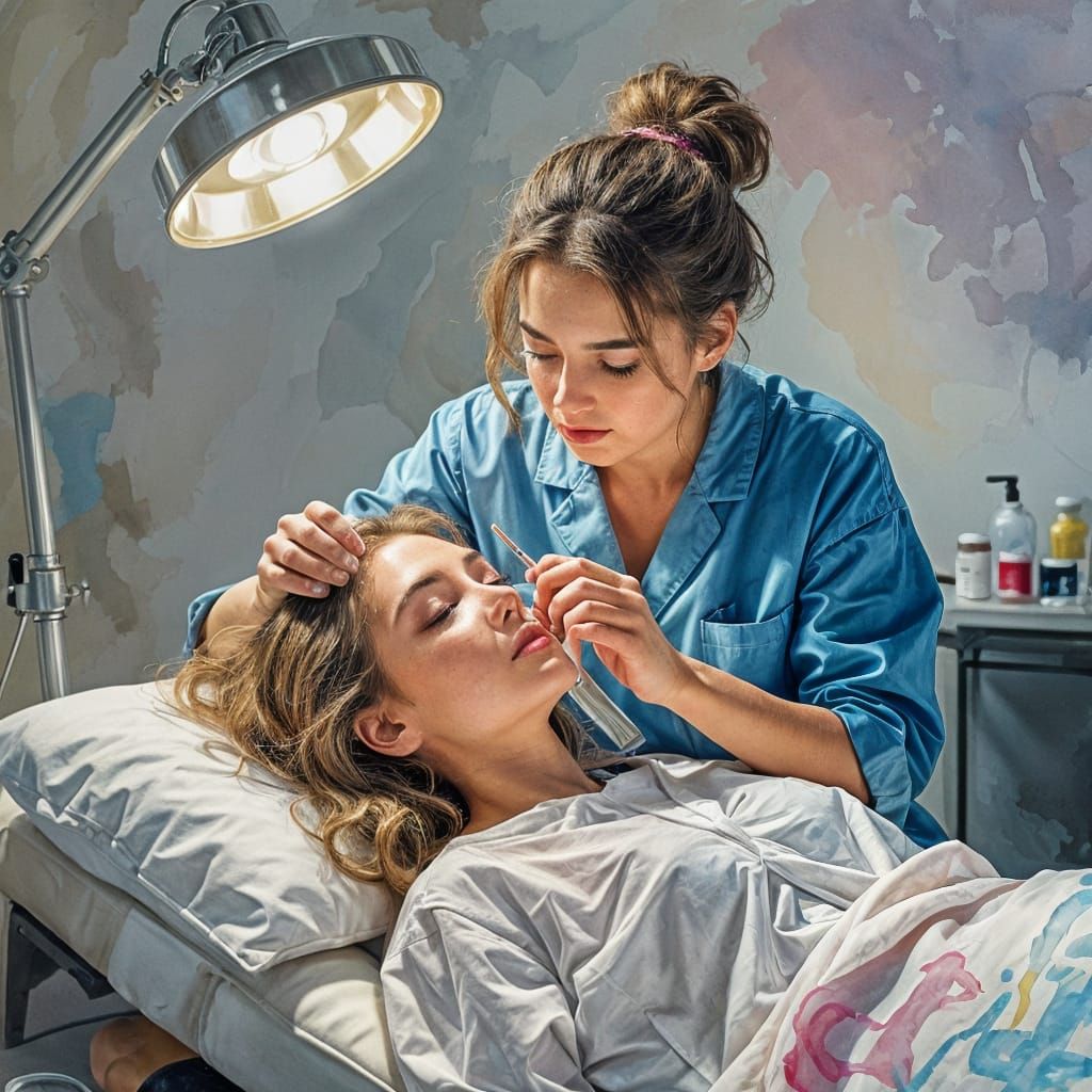 Cosmetologist Applying Cream to Girl's Face in Gouache Style