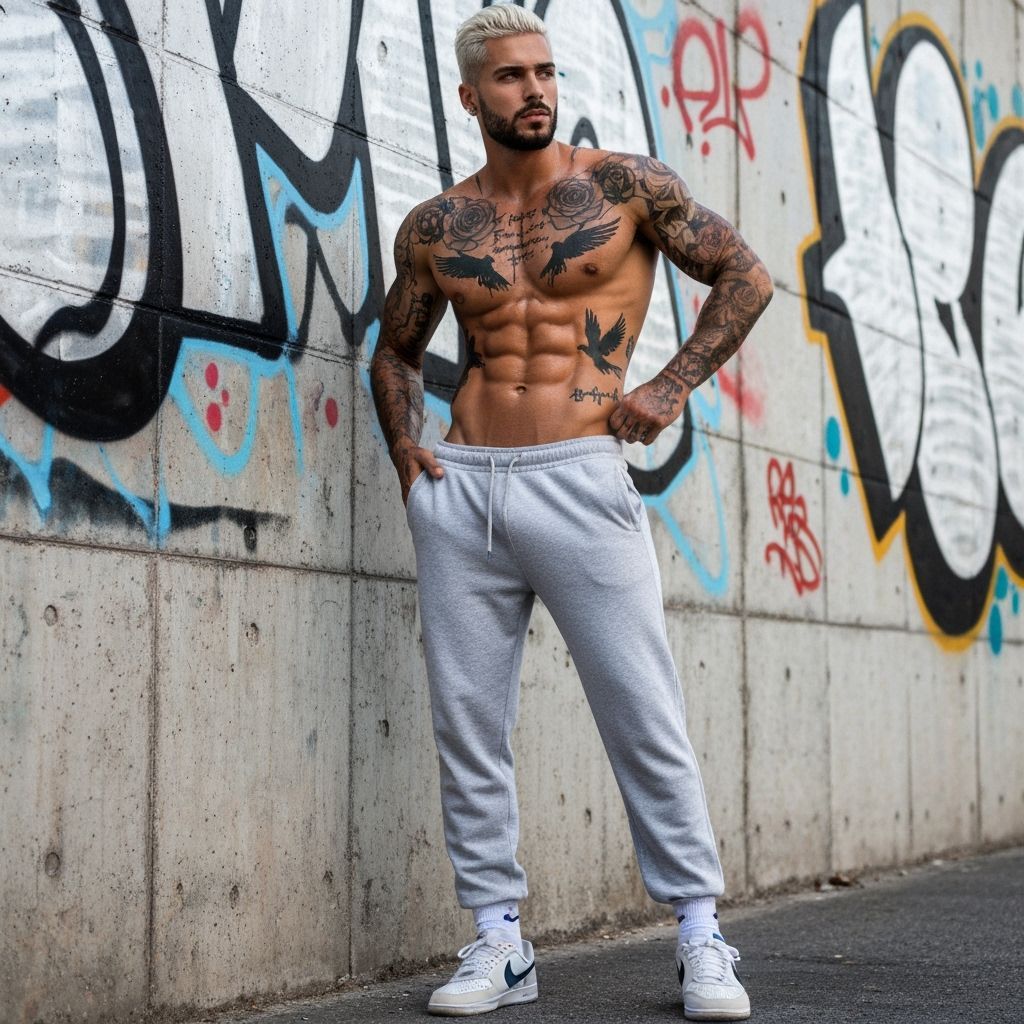 Shirtless Tattooed Model Posing Against Graffiti Wall