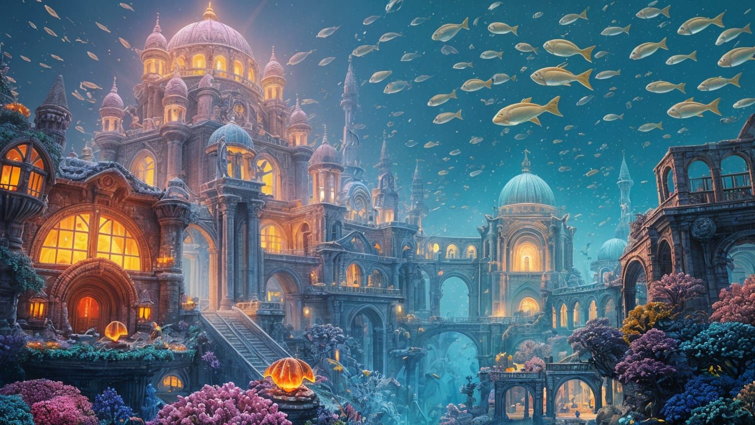 Bioluminescent Coral City in Dreamlike Style