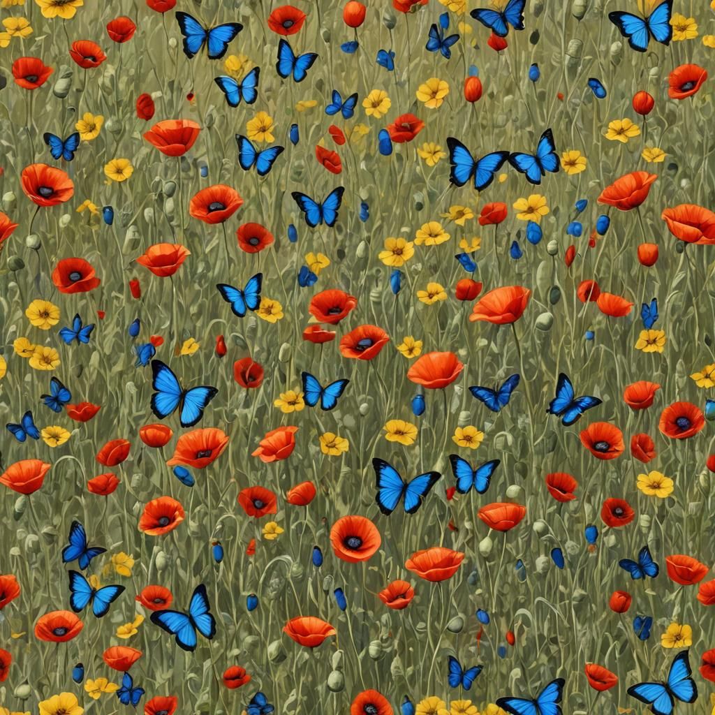 Poppy Field with Blue and Yellow Butterflies