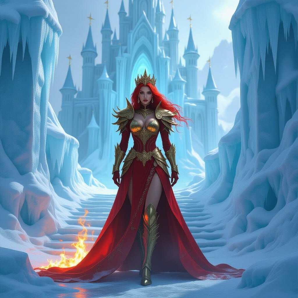Fire and Ice Queen Before Majestic Castle