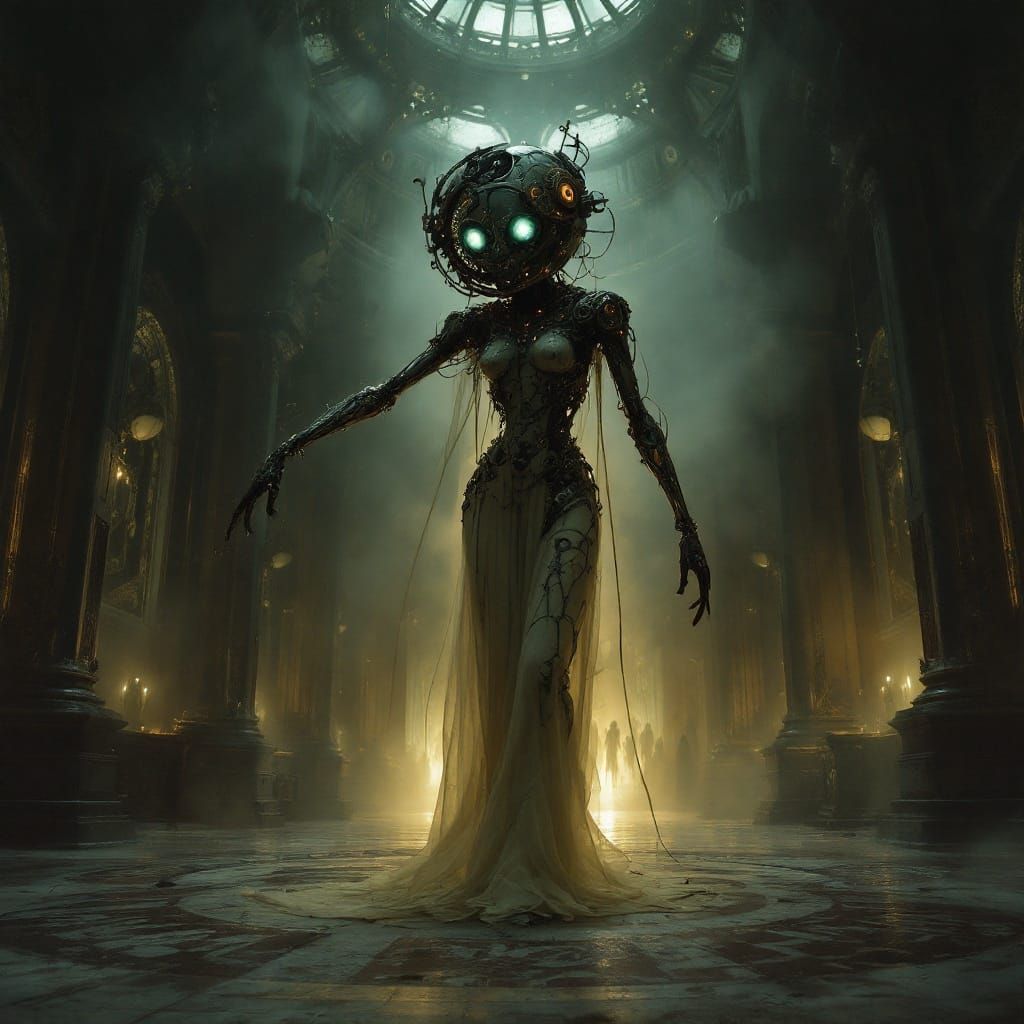 Haunting Victorian Cyborg in Abandoned Ballroom