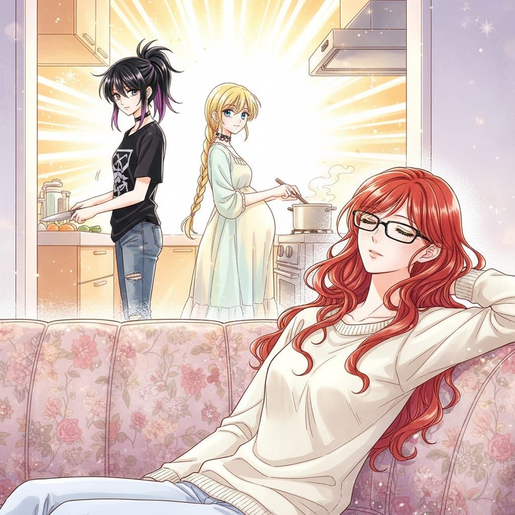 Shoujo Manga Style: Elegant Woman with Red Hair Relaxing