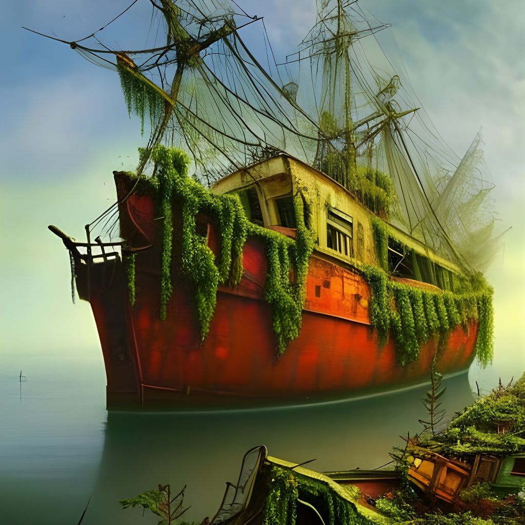 Decaying Boat in Junkyard, Mixed-Media Collage Style