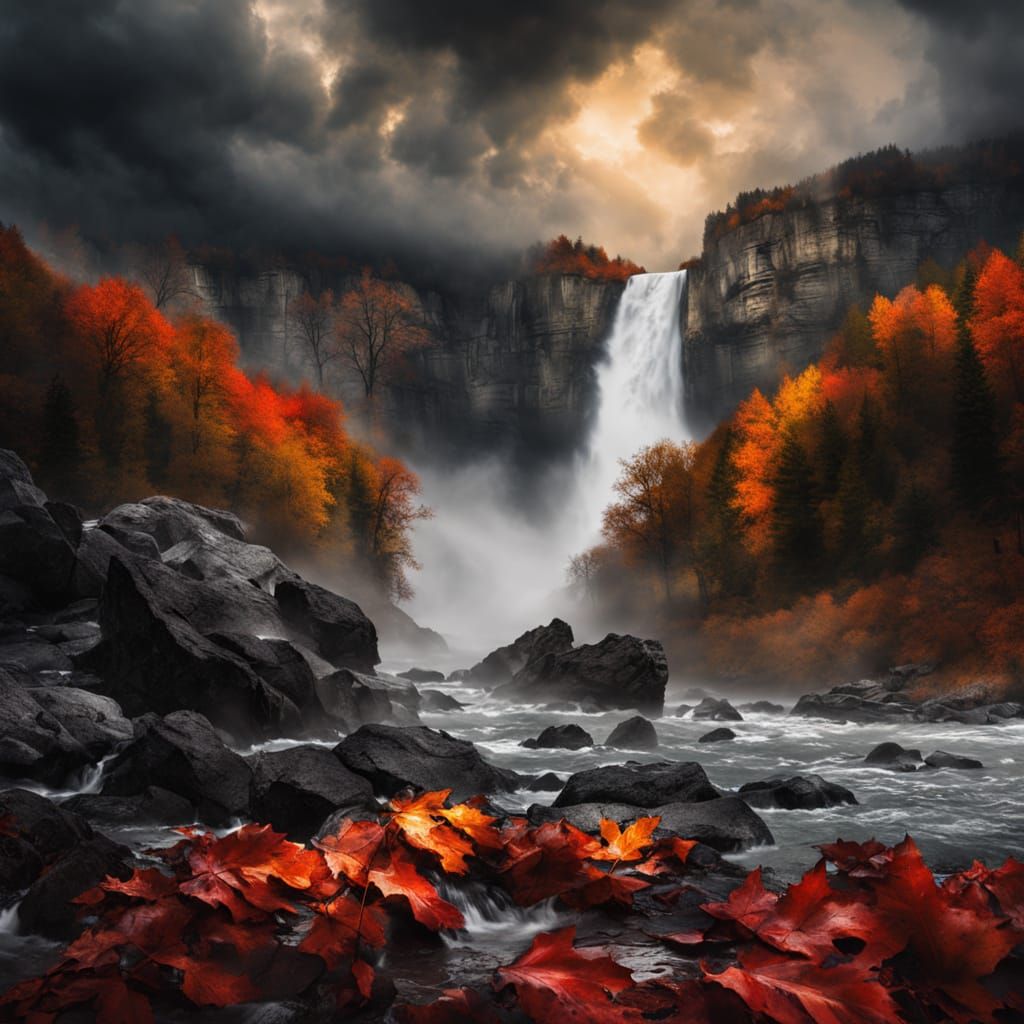 Dramatic Waterfall Amidst Autumn Storm Lightning
