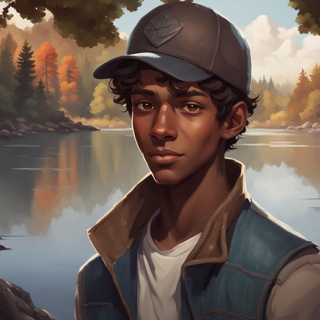 Teenage Boy Portrait by Lake in Hyperrealistic Style