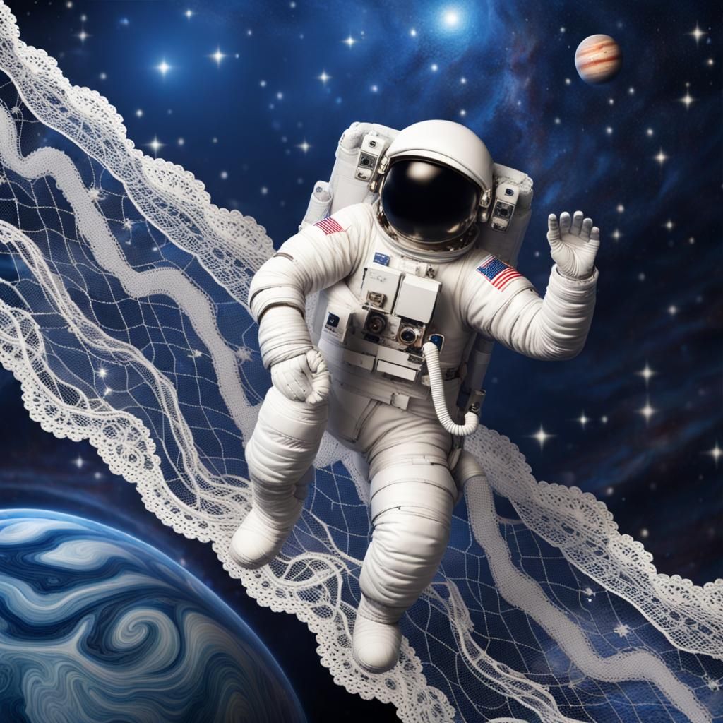 Astronaut and Jupiter in Blue Silk Lace
