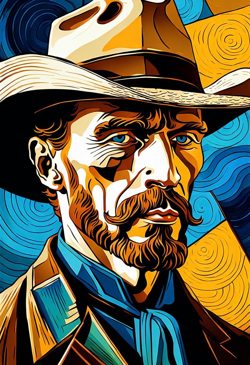 Geometric Cowboy Hat Portrait in Van Gogh Style