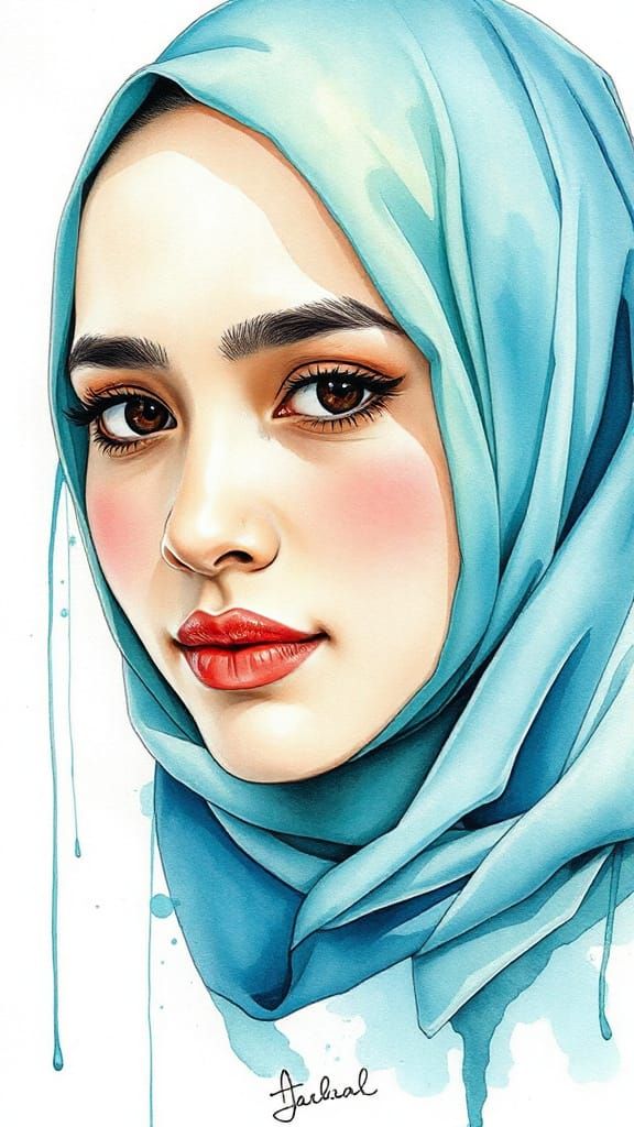 Turquoise Hijabi Girl Portrait in Mixed Media Splash Art
