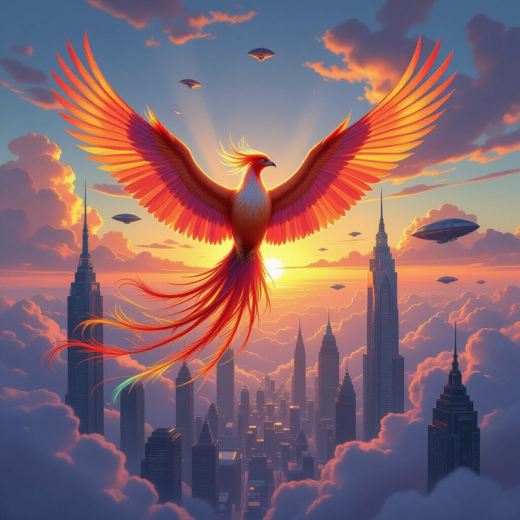 Phoenix Soaring Over Futuristic Cityscape, Digital Art