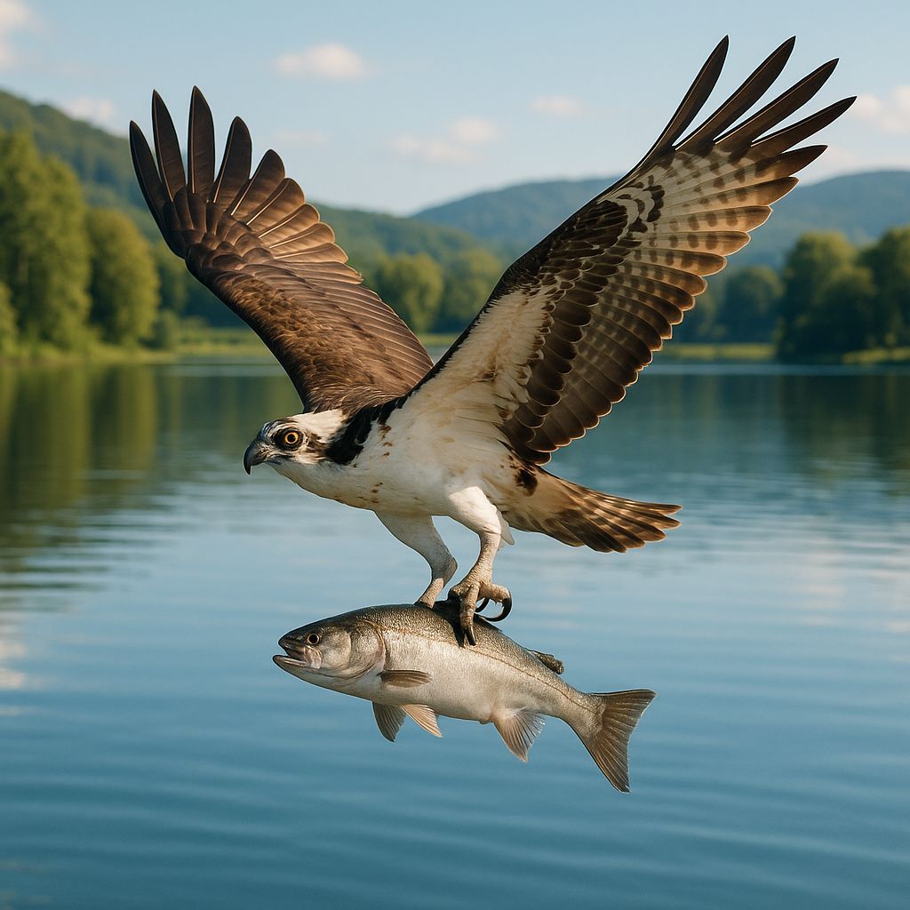 Majestic Osprey Soars Over Serene Lake with Fresh Catch