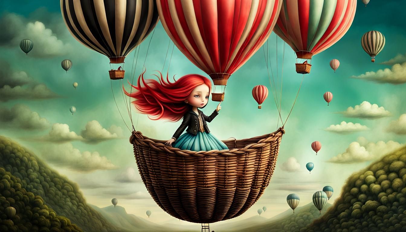 cute girl flying in a balloon