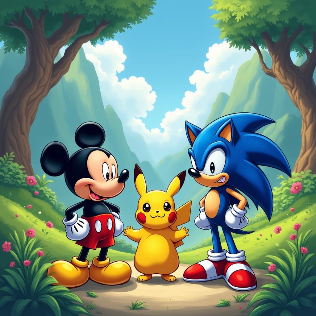 Cartoon Icons Unite in Fantasy Landscape